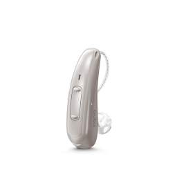 Signia Pure 312X T-Coil Hörgerät in Dunkel-Champagner mit externem Hörer und offenem Ohrpassstück.