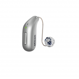 Oticon Intent miniRITE Hörgerät in Silbergrau mit grünem LED-Indikator und offenem Bass-Dome-Lautsprecher.