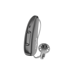 Graphitfarbenes Signia Pure CnG AX Hörgerät mit externem Lautsprecher und kompaktem Design.