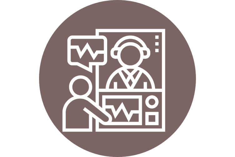 Symbolgrafik eines Hörtests mit Audiogramm-Anzeige, weiße Linien auf braunem Kreis, für Hörtest-Auswertung in der Filiale.