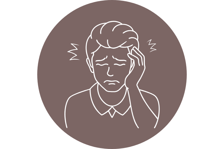 Icon eines Mannes mit schmerzverzerrtem Gesicht, der seine Hand ans Ohr hält, mit angedeuteten Schallwellen – Symbol für Tinnitus.