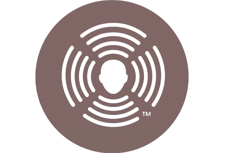 Ein runder, brauner Funktions-Button zeigt in der Mitte ein schwarzes Kopf-Symbol, das von kreisförmigen Schallwellen aus allen Richtungen umgeben ist.