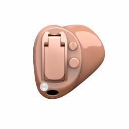 Alt-Text: Frontansicht eines hautfarbenen Oticon Own Im-Ohr-Hörgeräts (ITC- oder CIC-Bauform mit Taster) mit geschlossenem Batteriefach, einem feinen Zugfaden zur Entnahme, einer Mikrofonöffnung und einem integrierten Taster auf der Faceplate