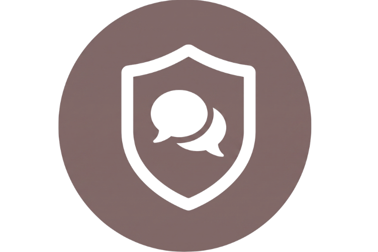 Ein runder, brauner Funktions-Button zeigt in der Mitte ein weißes Schutzschild-Symbol, in dem sich zwei überlagerte Sprechblasen befinden.