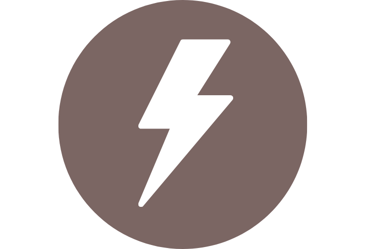 Ein kreisförmiges Icon mit braunem Hintergrund und einem weißen Blitz-Symbol in der Mitte – symbolisch für eine schnelle Signalverarbeitung oder den SuddenSound Stabilizer zur Dämpfung plötzlicher Geräusche.