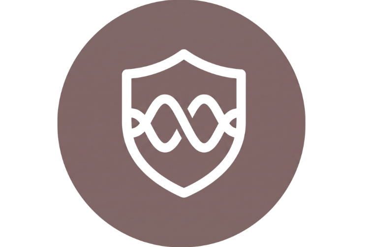 Ein runder, brauner Funktions-Button zeigt in der Mitte ein weißes Schutzschild-Symbol, in dem zwei verschlungene Frequenzlinien abgebildet sind.